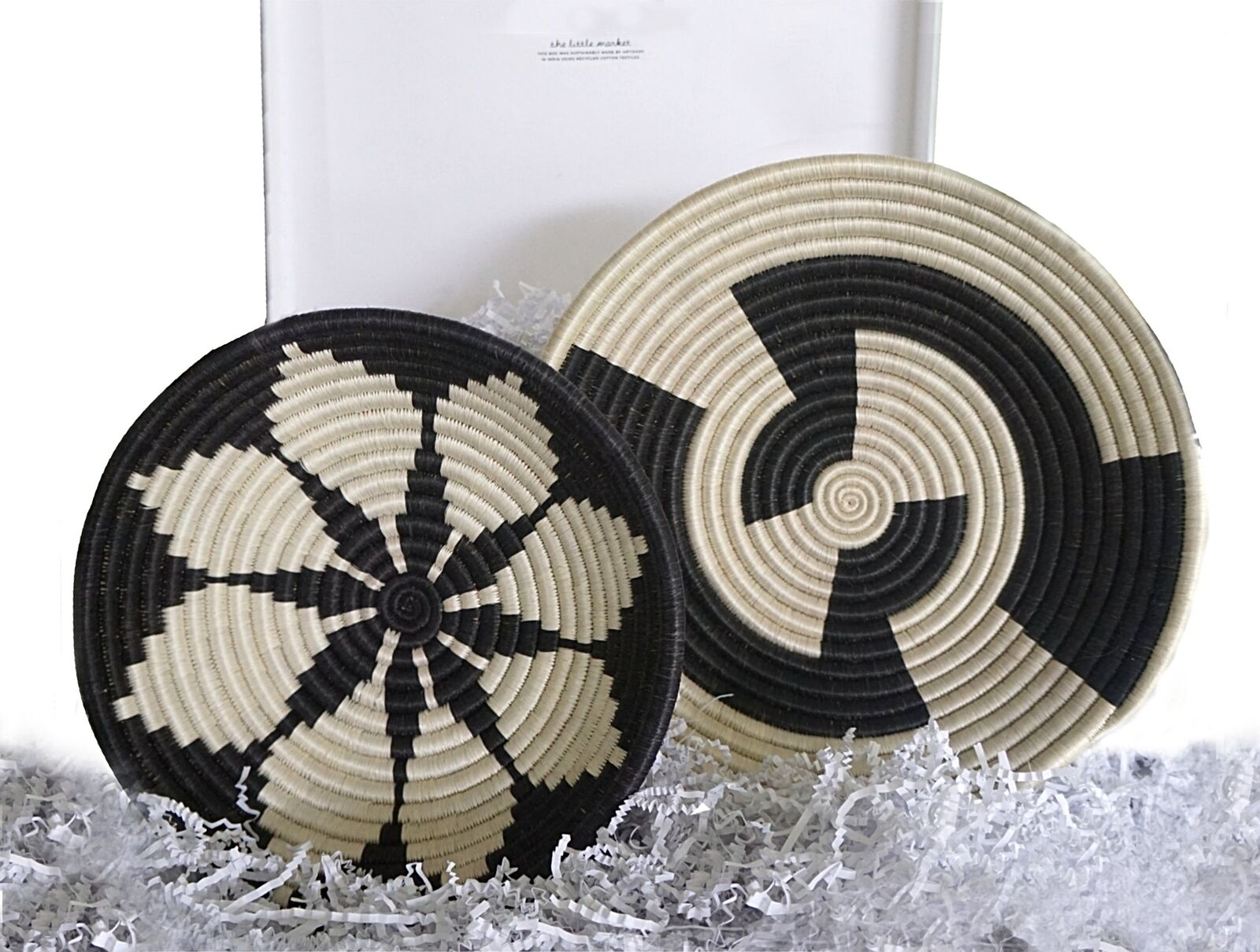 FAIR TRADE Pair of EAST AFRICAN Handwoven Rattan Baskets in Black and White NIB