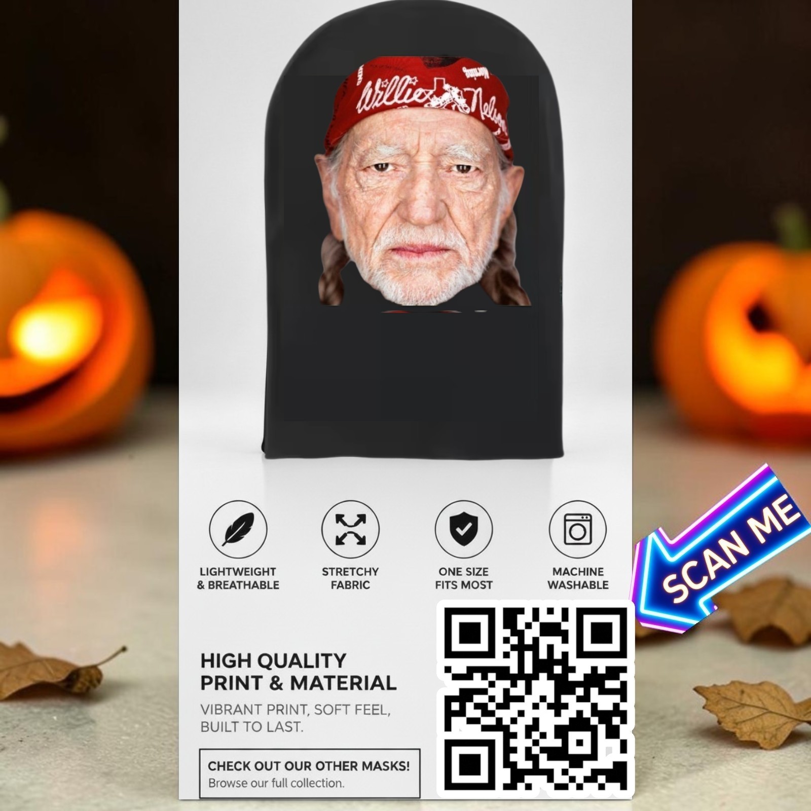 Funny Willie Nelson Black Fabric Mesh Cover Novelty Gift Country Costume Cosplay