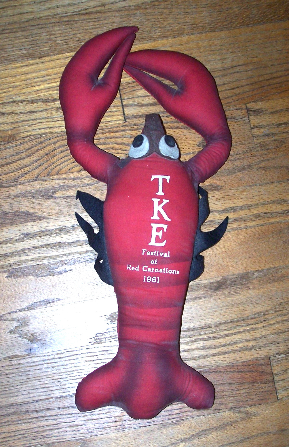 VINTAGE Tau Kappa Epsilon fraternity large plush lobster, Red Carnation 1961 TKE