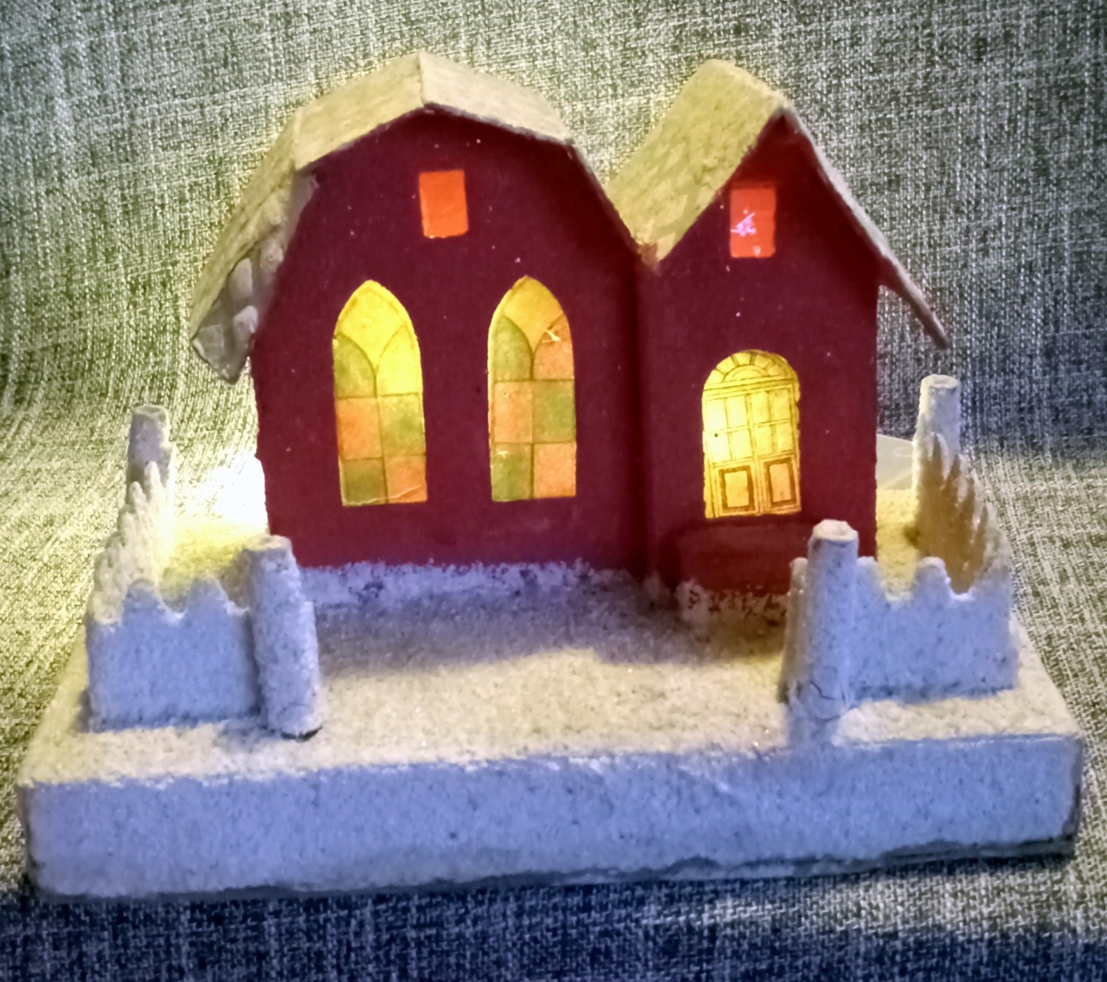 Large Vintage Putz Mica House Red Church Cathederal Windows Coconut Floss Snow
