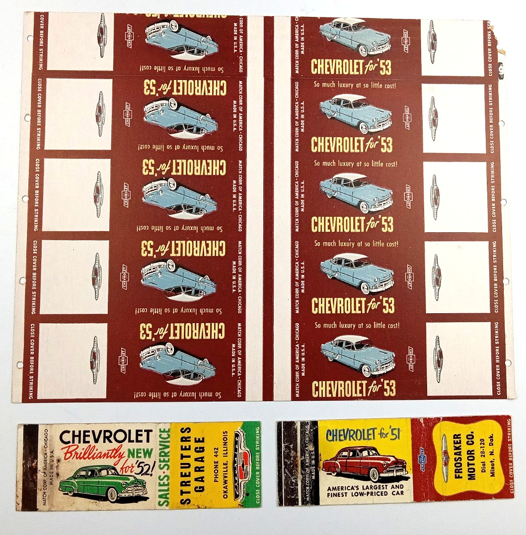 2 VTG 1951-52-53 CHEVY MATCHBOOK COVERS DEALERSHIPS & 1 UNCUT CHEVY COVER SHEET