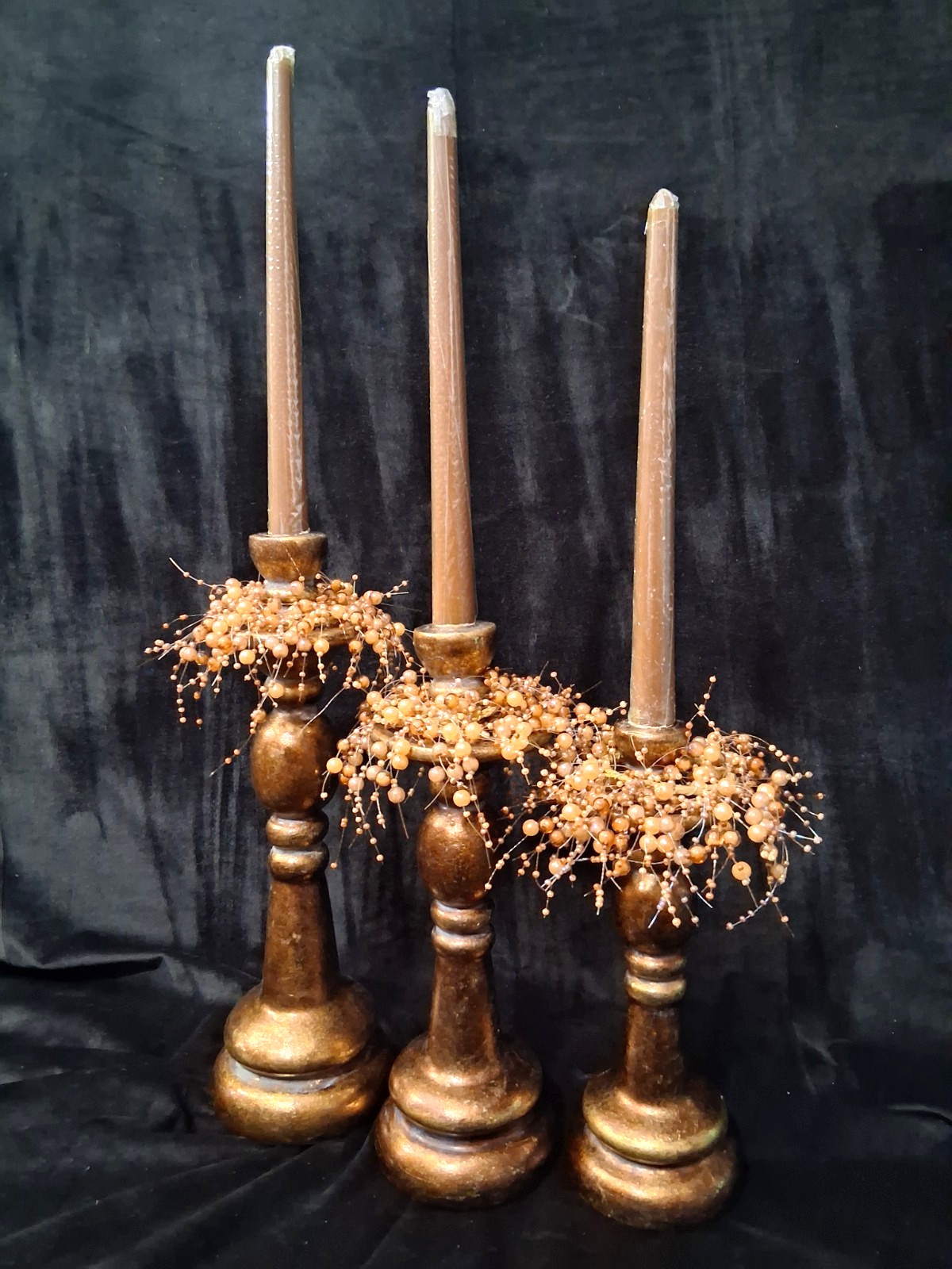UNIQUE VINTAGE Turned Wood Candlestick Set Multi‑Size Holders MID-CENTURY DECOR