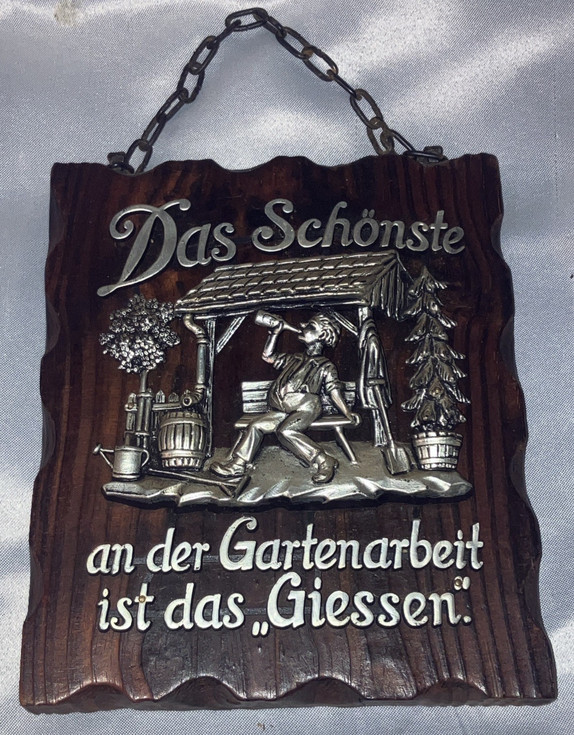 Vintage German Vintage Wooden Hanging Plaque-3D Metal Scene..German. Antique