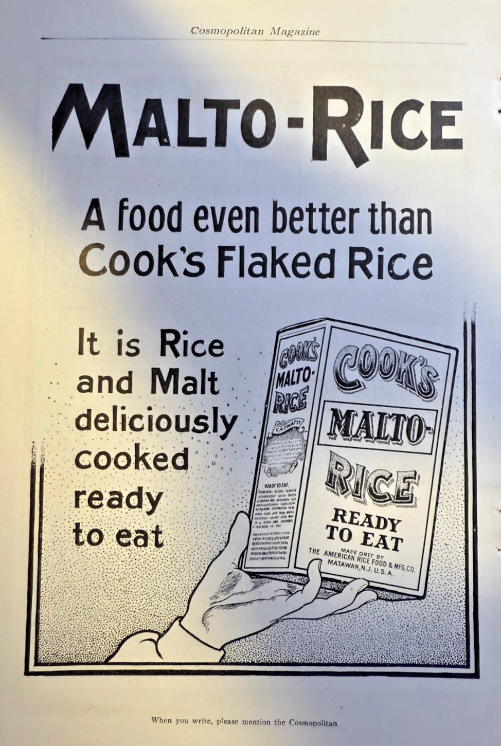 1907 Magazine Advertisement Cooks Malto-Rice Cereal