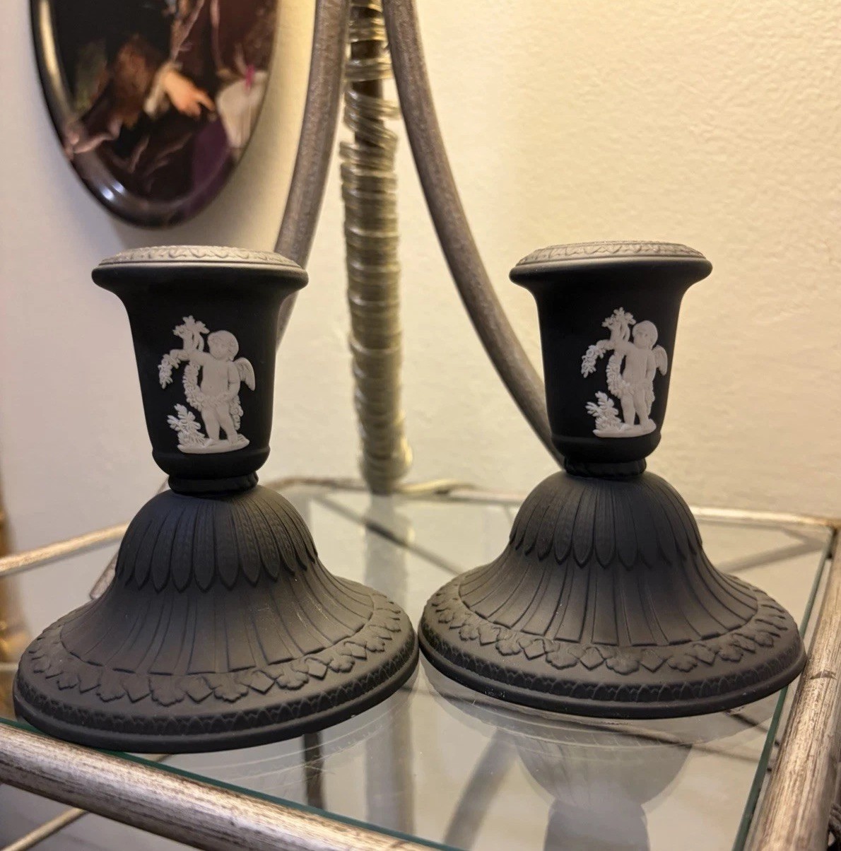 Price Drop  Wedgwood Jasperware Black w/ White 4.5”Candle Holders Flawless