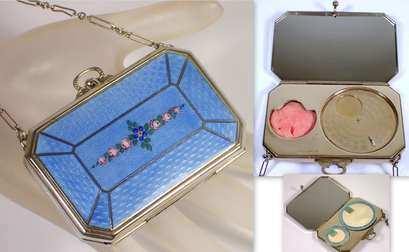 Vtg EAM Elgin Art Deco Blue Guilloche Enamel Floral Makeup Powder Compact Purse