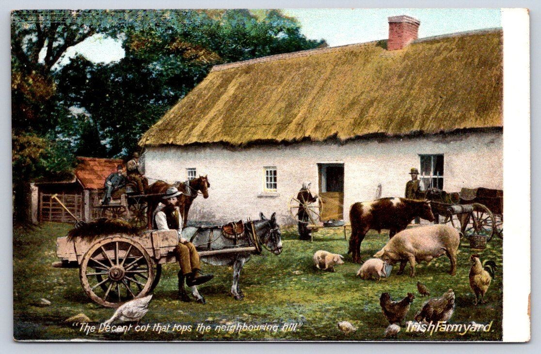 Antique Ireland Postcard DUBLIN Irish Farmyard Thatched Cottage