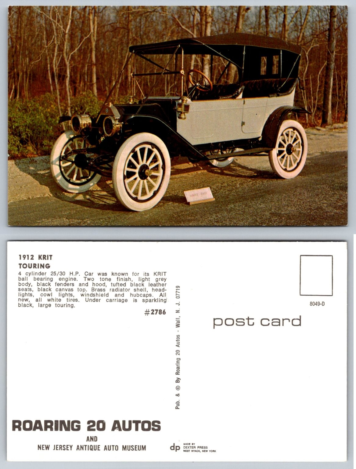 1912 Krit Touring Car Postcard Roaring 20 Autos New Jersey Auto Museum