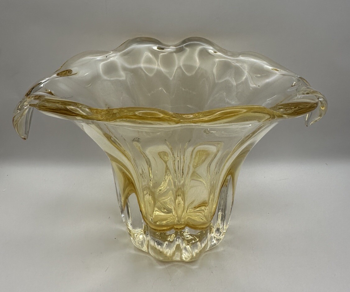 Teleflora Yellow Amber Art Glass Vase Ruffled Lily Heavy
