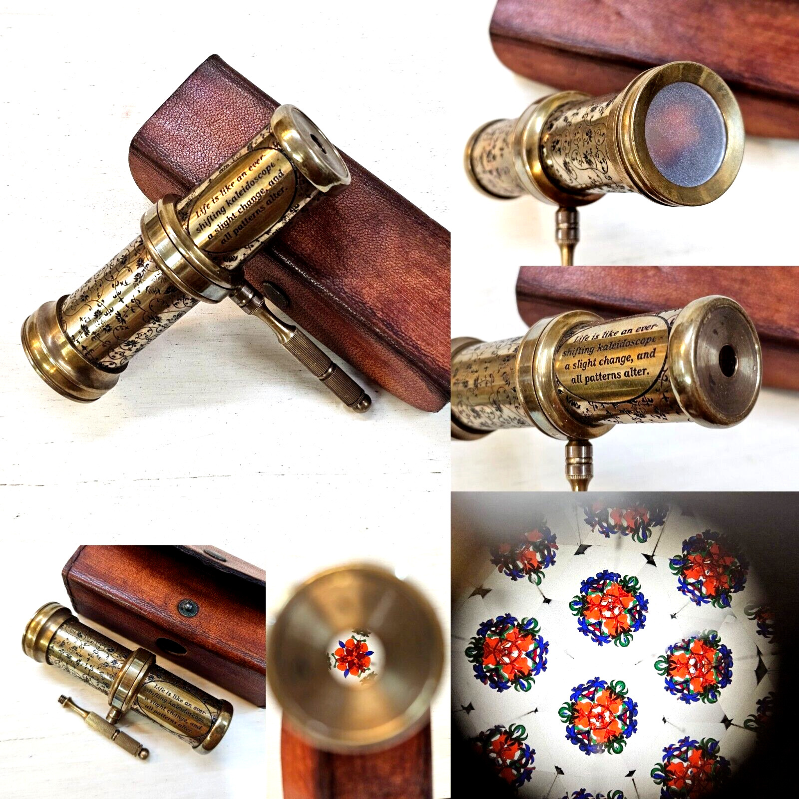 Antique Brass Kaleidoscope Handle With Leather Box Nautical Collectible