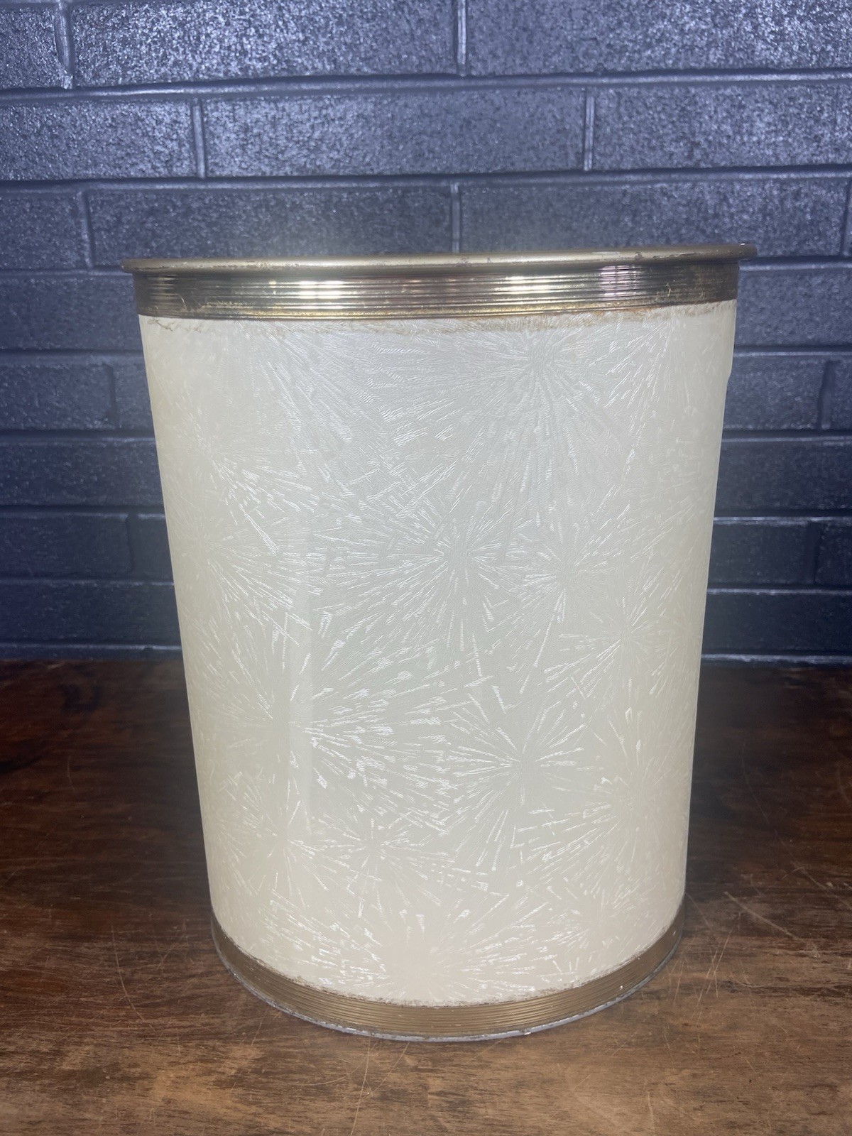 Vintage Pearl Wick Oval Metal Vinyl Trash Can Textured Gold Vinyl MCM Starburst