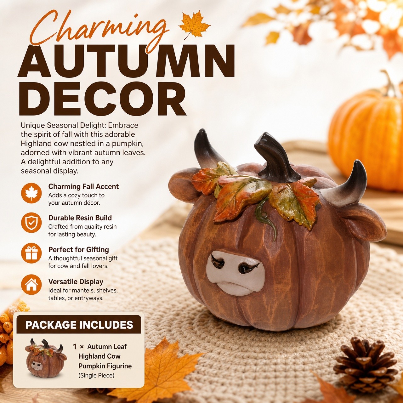 1x Autumn Highland Cow Pumpkin Figurine Fall Harvest Farmhouse Tabletop Ornament