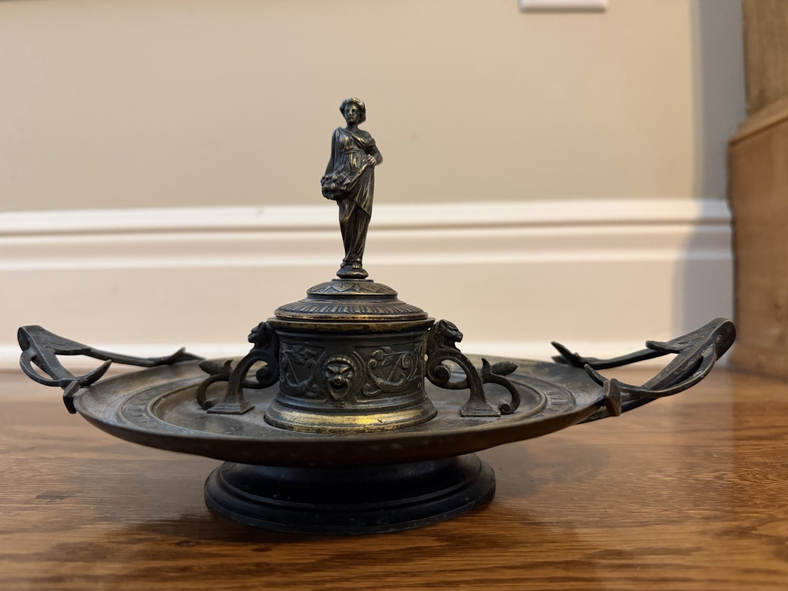 Antique Brass Desk Inkwell w/ Hinged Lid, Lady Figure Finial, Handles & Dip Pen