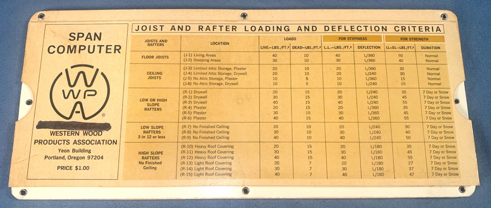 Vintage Span Beam Joist & Rafter computer Slide Rule
