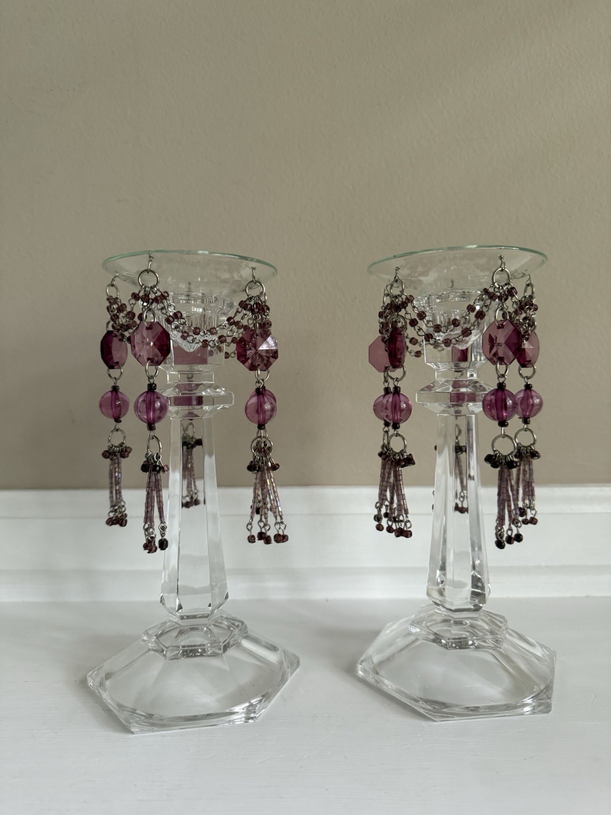 Vintage Crystal Glass Candlestick Holders W/Amethyst Purple Prisms 7.5”Pair Vintage Crystal Glass Candlestick Holders W/Amethyst Purple Prisms 7.5”Pair