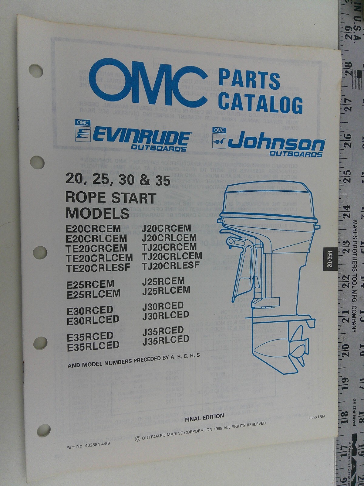 89 OMC Parts Catalog Johnson Evinrude 20, 25, 30 Electric Start Model E25TELCEM