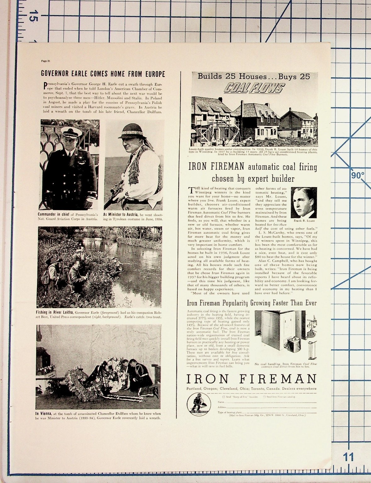 1930s Magazine Page Governor Earle Europe Trip Iron Fireman Coal Heating Ad