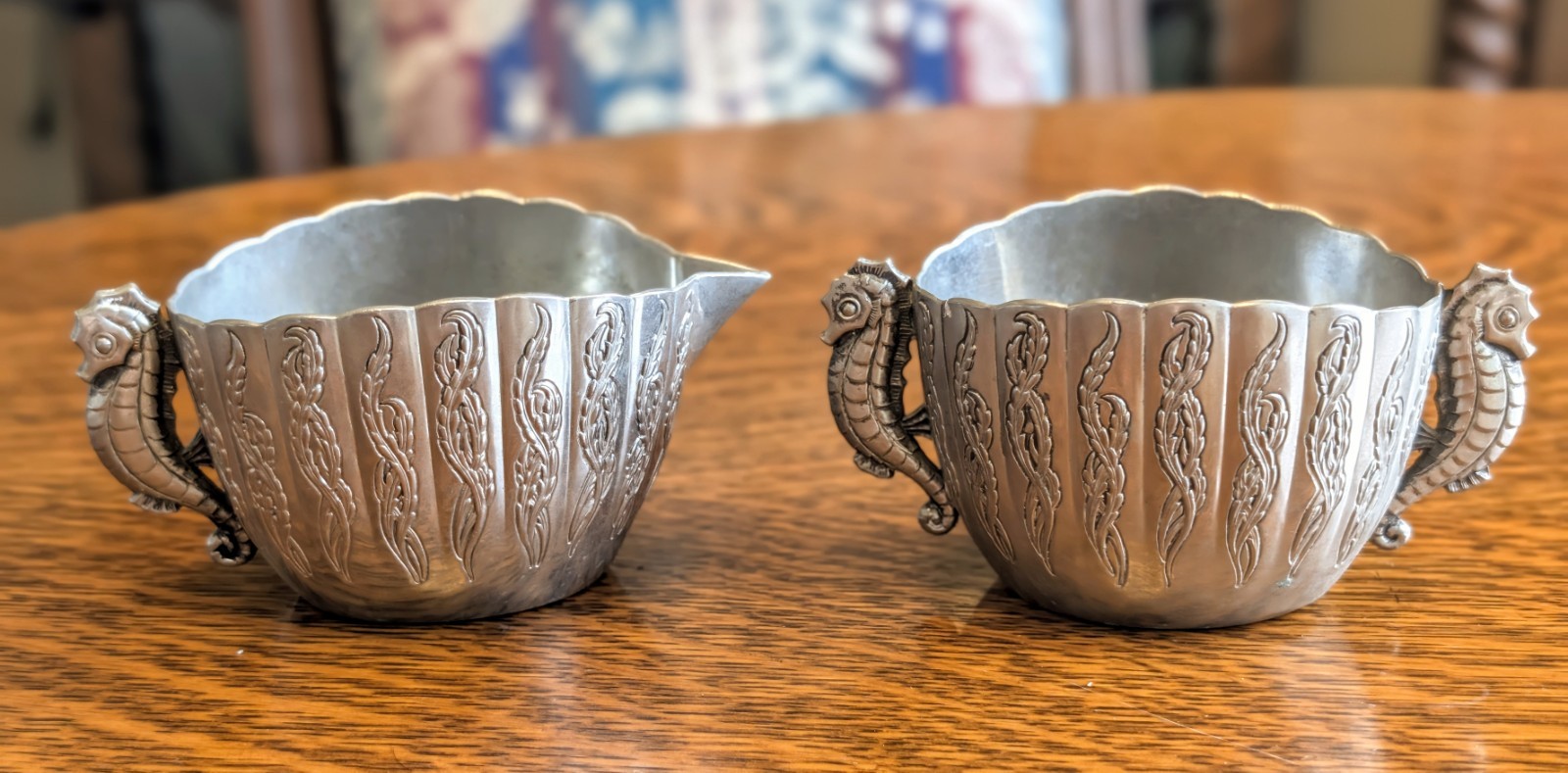 Victorian Sugar & Creamer - Silver Figural Seahorse Nautical Pattern Scalloped Victorian Sugar & Creamer - Silver Figural Seahorse Nautical Pattern Scalloped