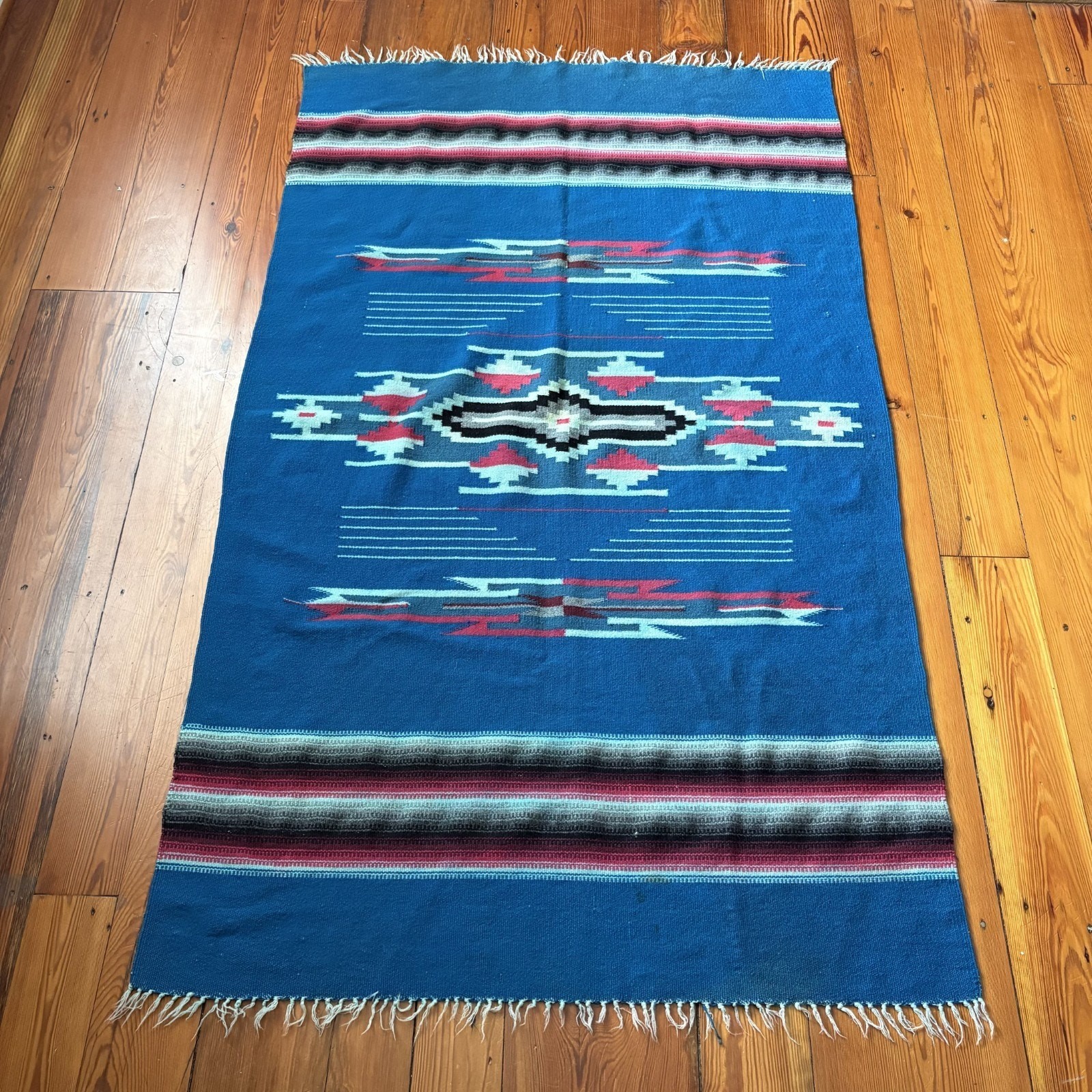 Vintage Chimayo Handwoven Wool Blanket Rug Beautiful Turquoise RARE 68\