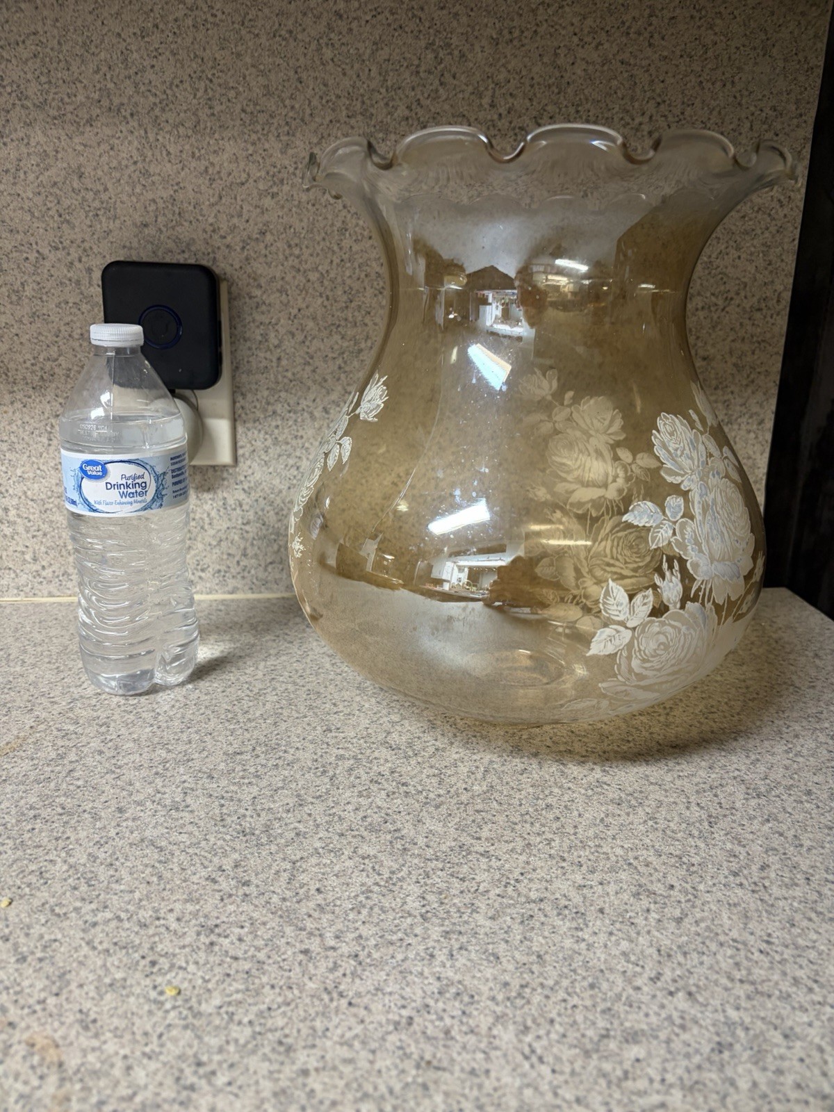 Large Hurricane Lamp Globle Amber Etched Rose 