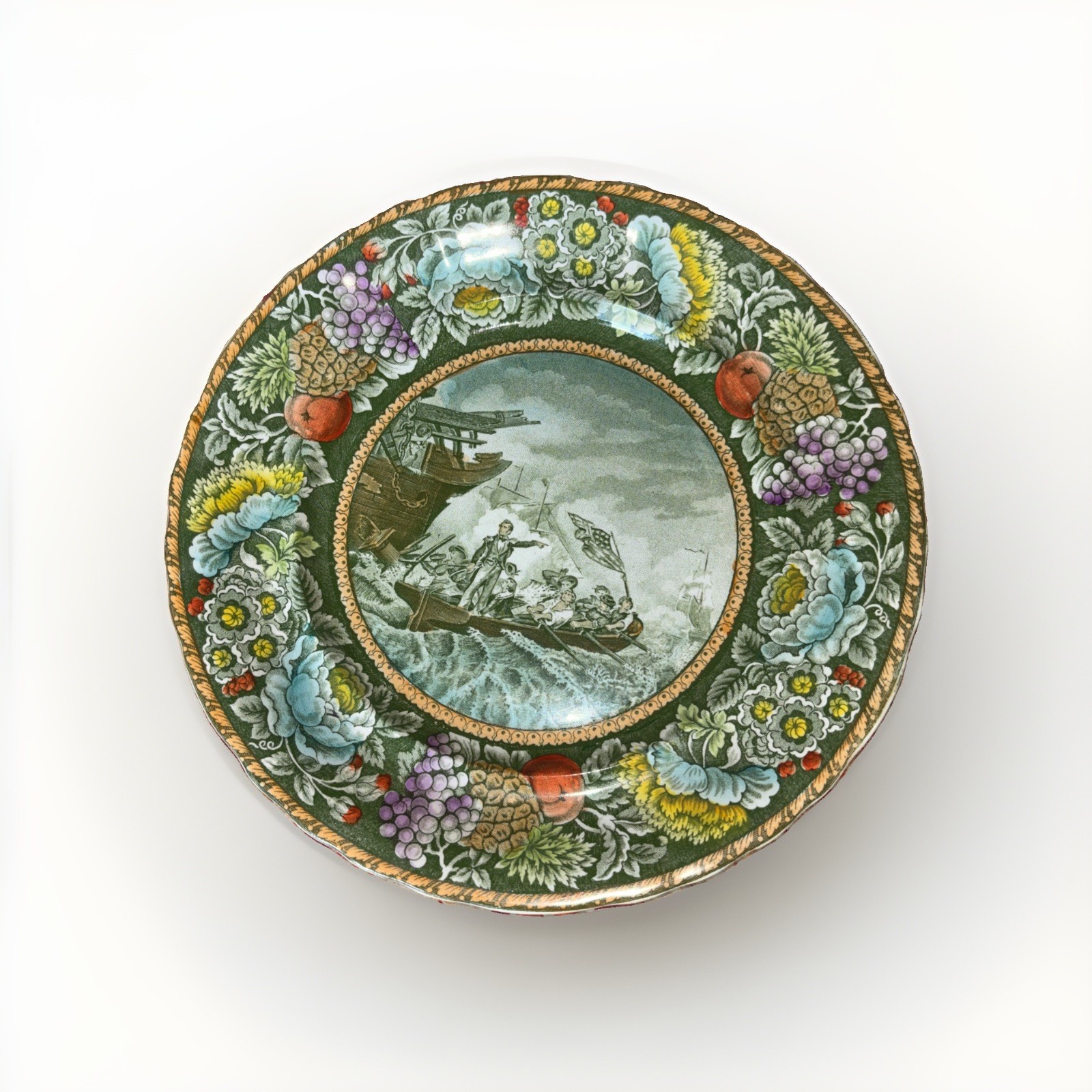 Antique Staffordshire Green Transfer Ware 10” Plate- Battle of Lake Erie Rare