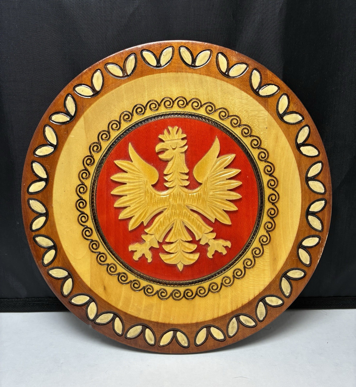 Vintage Poland Hand Carved Wood Burning Polish Eagle Plate