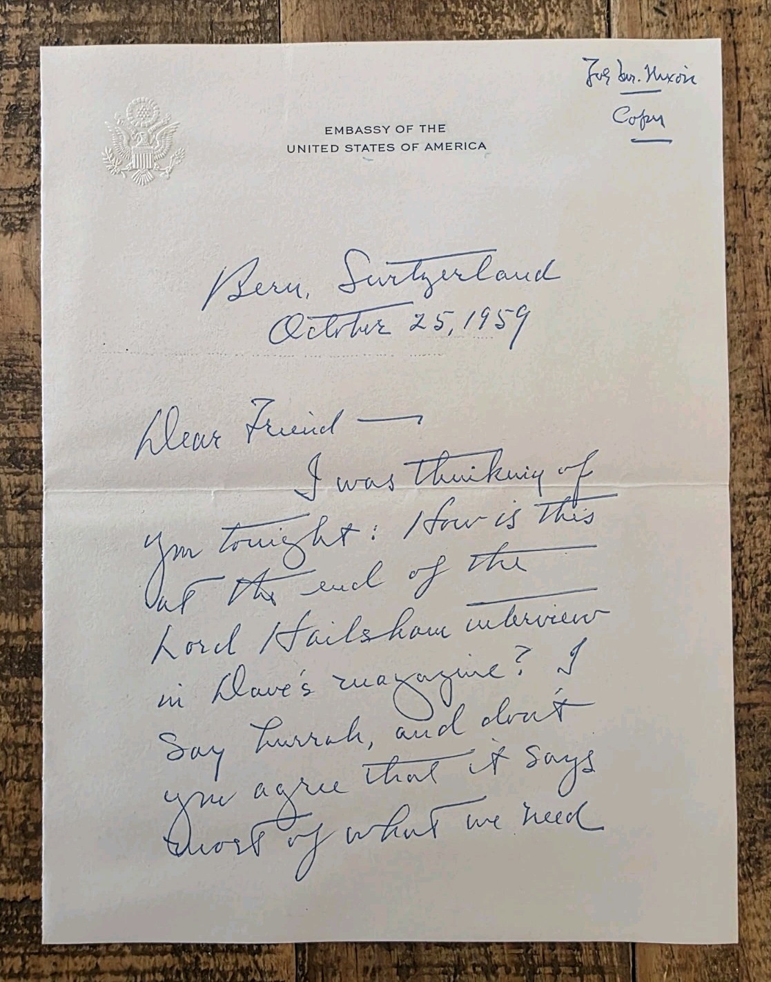 1959 US Ambassador Henry J Taylor Handwritten Letter to VP Richard Nixon