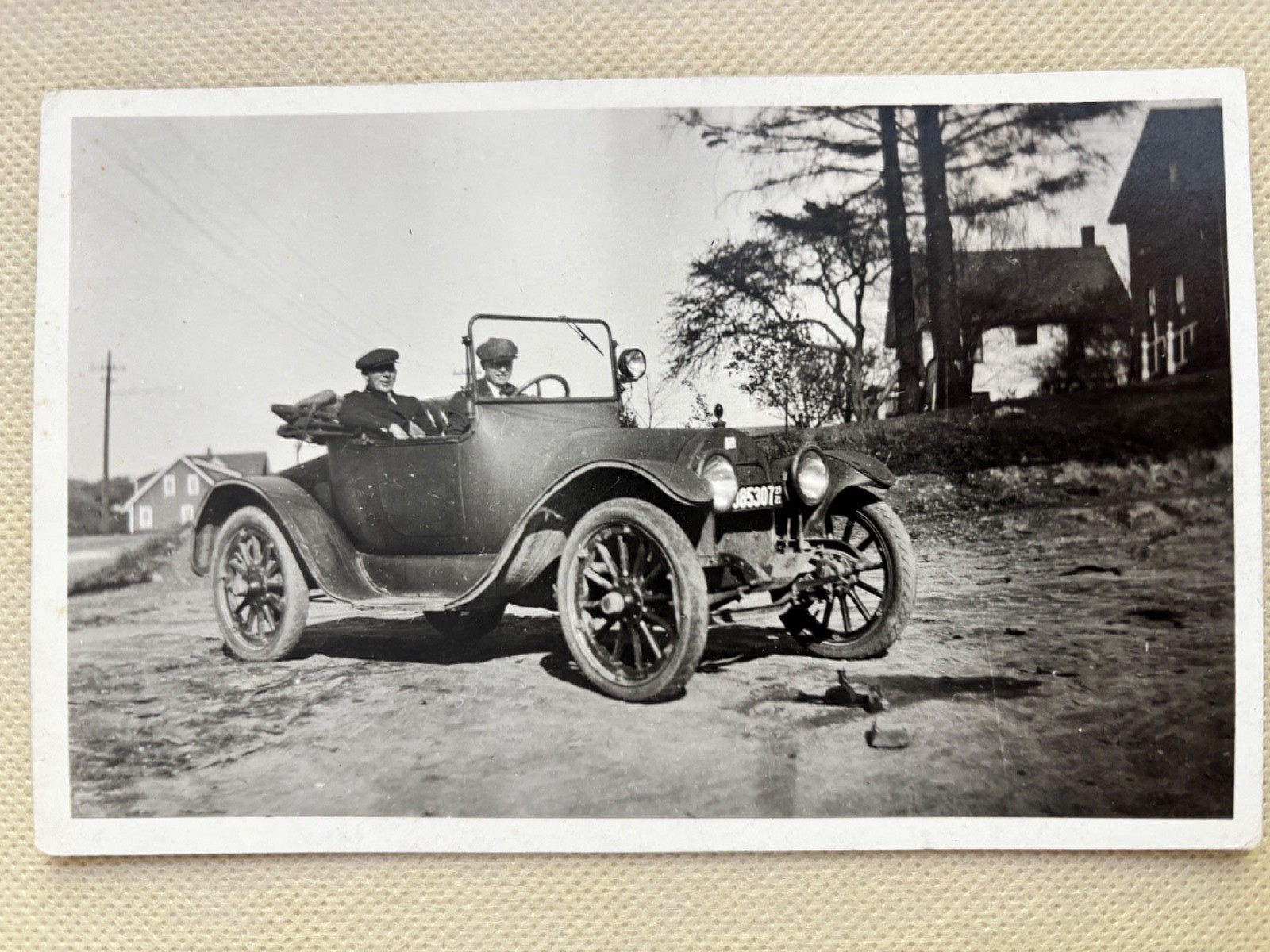 RPPC Early Automobile Touring Car Two Men Dog License Plate Vintage Postcard