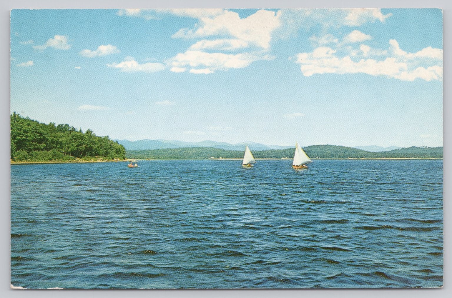Vintage Chrome Postcard Calef\'s Store East Barrington NH Lake Sailboats