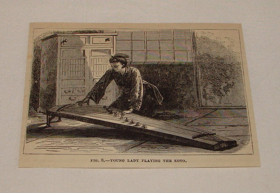 1879 magazine engraving ~ YOUNG LADY PLAYING THE KOTO, Japan