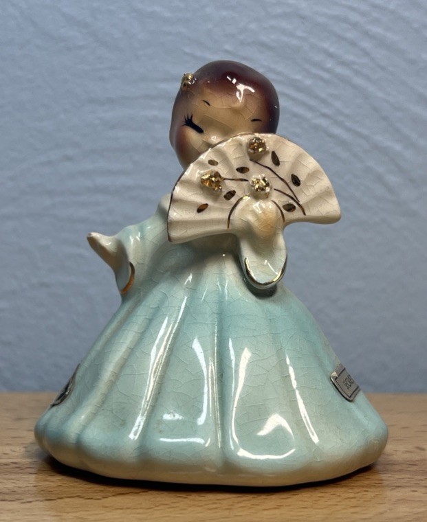 VTG Josef Originals Secret Pal Girl w/Fan Aqua Dress 3 1/4” Figurine Ceramic