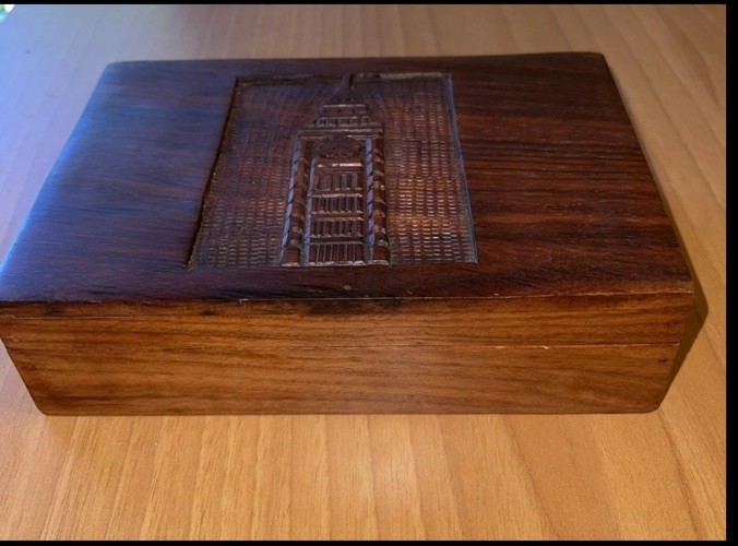 Nice Vintage Big Ben Carved Wood Hinged Box Trinket, Jewelry, Tea Caddy 
