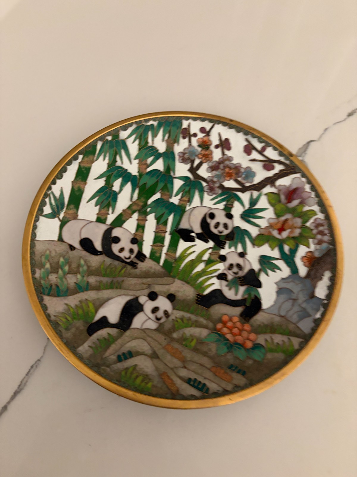 Signed Vintage Panda Flower & Bamboo Chinese Cloisonne Plate  Ename