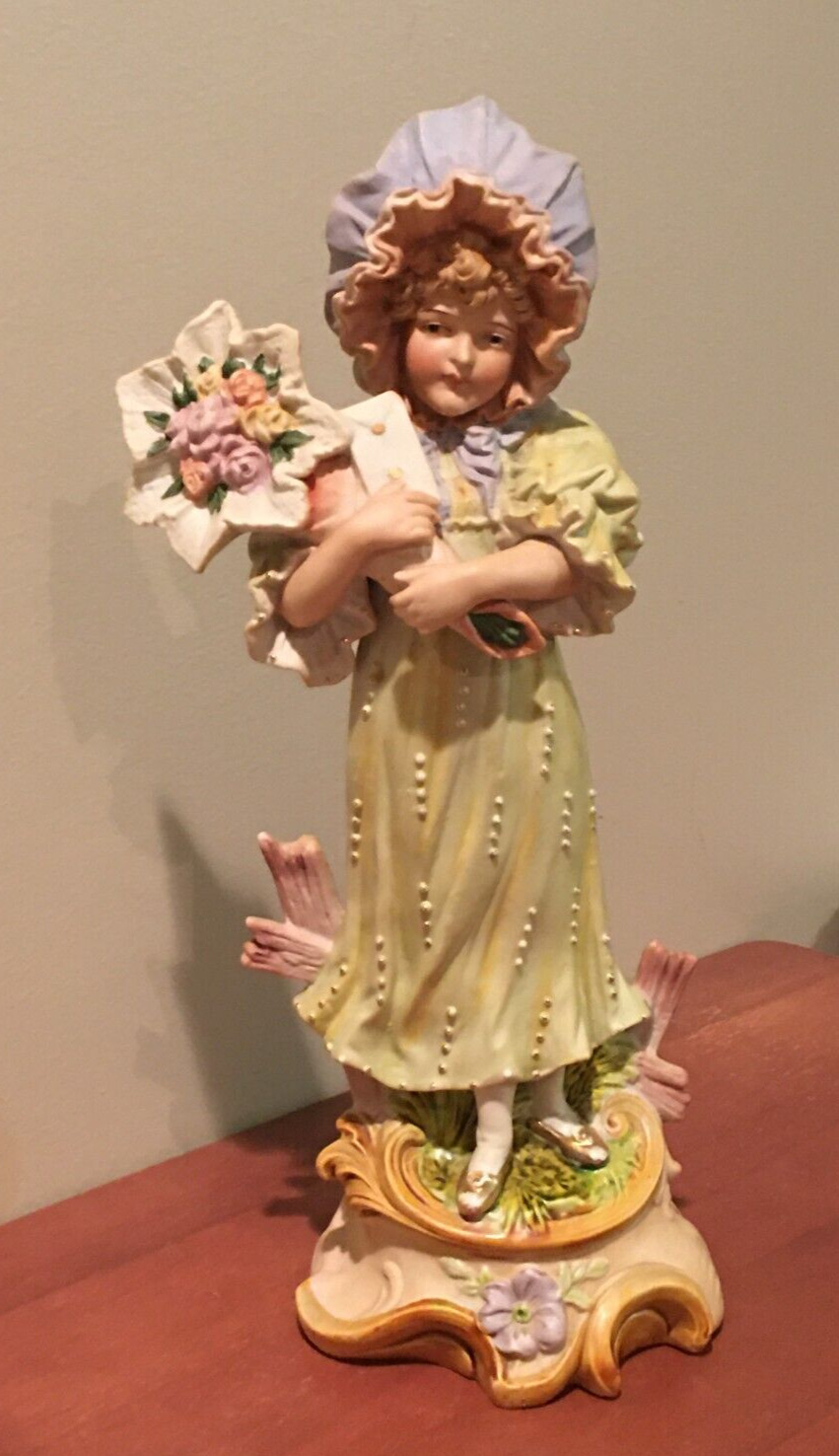 Antique Bisque Gebruder Heubach Style Girl Holding Flowers Figure Rare 14”