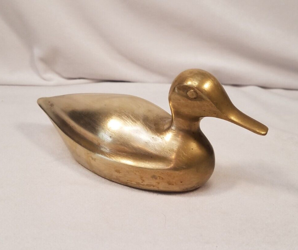 Vintage Solid Brass Duck Figurine Paperweight 6”x2” Shiny Decoy Bird Shaped