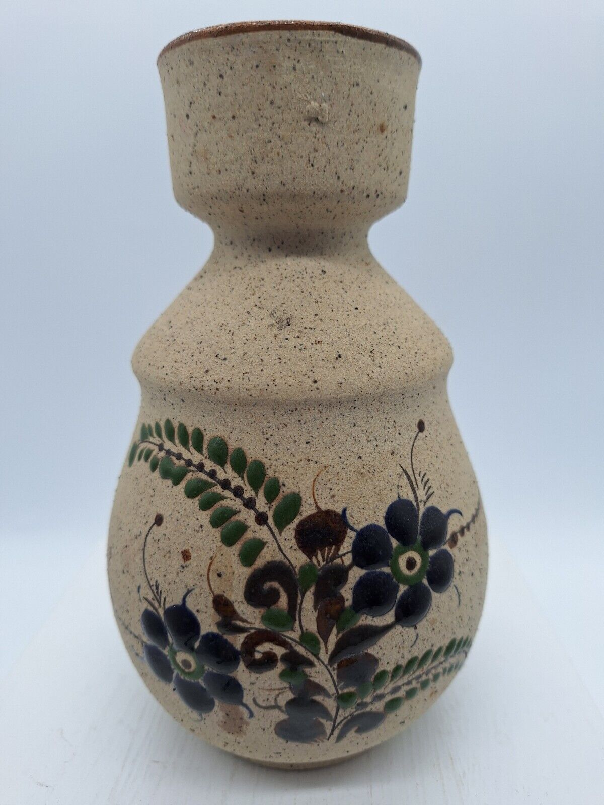 Mexican Vase Tonala Pottery Hand Thrown Painted Flowers 7 inches