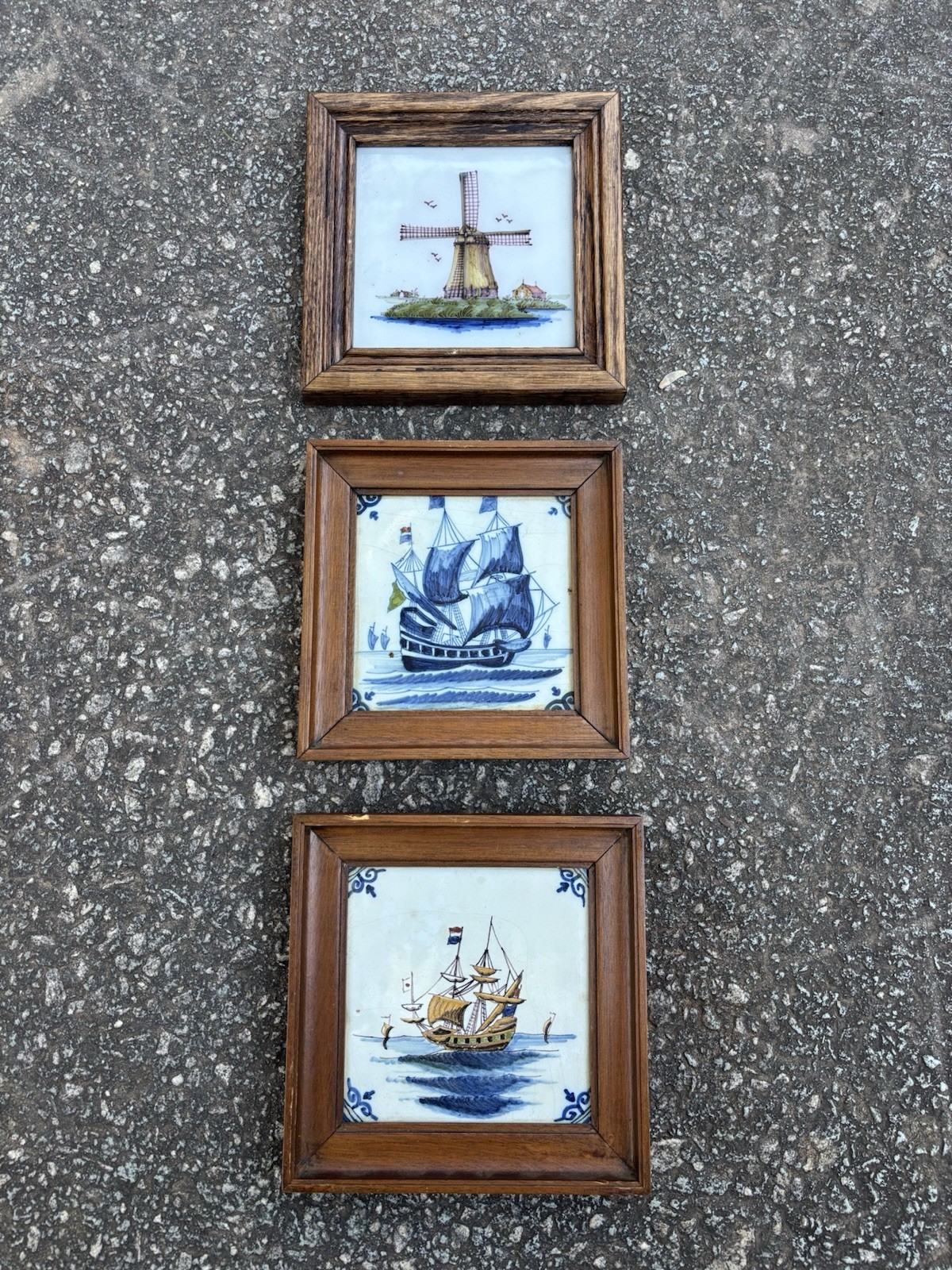 Vintage Dutch Delft Style Framed Ceramic Tiles Set of 3 Ships Windmill Vintage Dutch Delft Style Framed Ceramic Tiles Set of 3 Ships Windmill