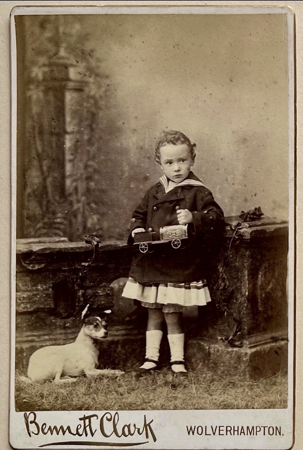 Antique Cabinet Card~Child~Sailor Suit ~Dog Terrier~Toy Train~October 12 1889 Antique Cabinet Card~Child~Sailor Suit ~Dog Terrier~Toy Train~October 12 1889