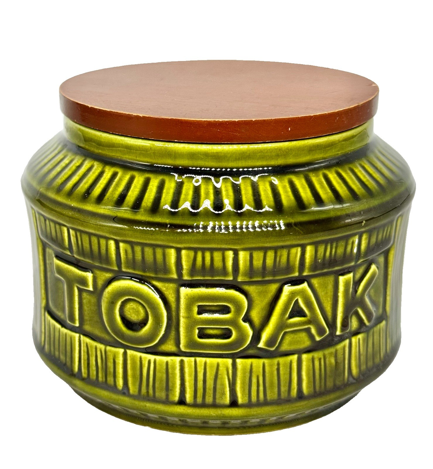 Vintage Schramberg West Germany Ceramic Tobacco Jar Tobak Teak Wood Lid MCM 5604
