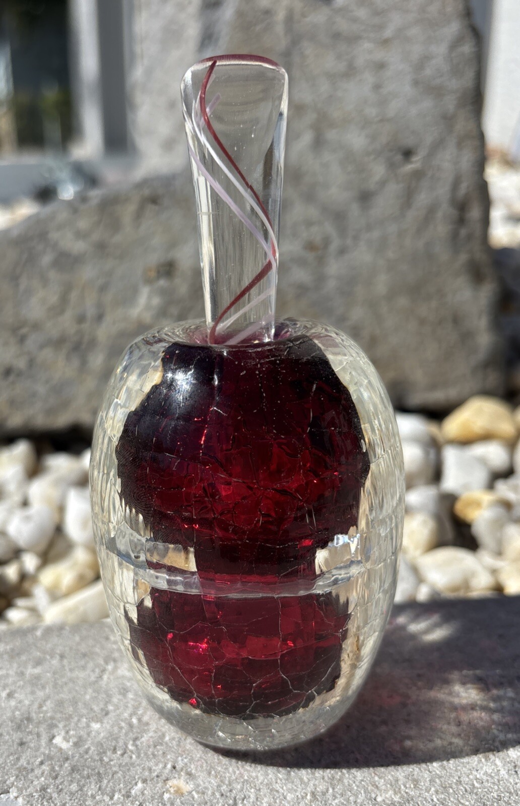 Vintage 1994 Hand Blown Signed WRK Art Glass Perfume Bottle Red Crackle Textured