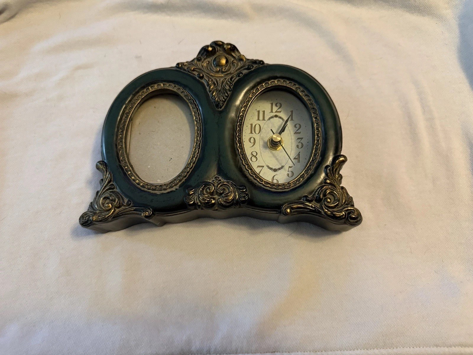 Vintage Ornate Double Oval Table Clock & Picture Frame Gold Green Decorative