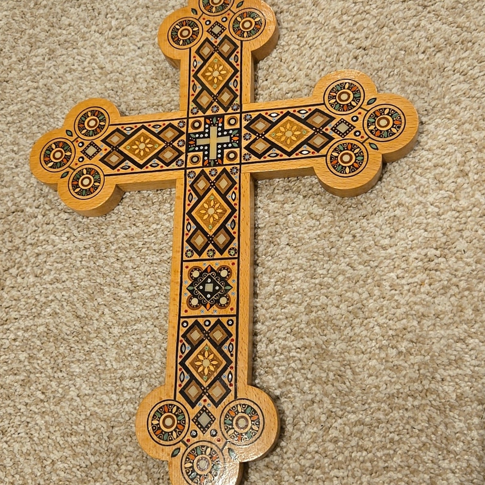 Vintage Intricate Inlaid Wooden Cross Handmade Mother of Pearl Beads Religious Vintage Intricate Inlaid Wooden Cross Handmade Mother of Pearl Beads Religious