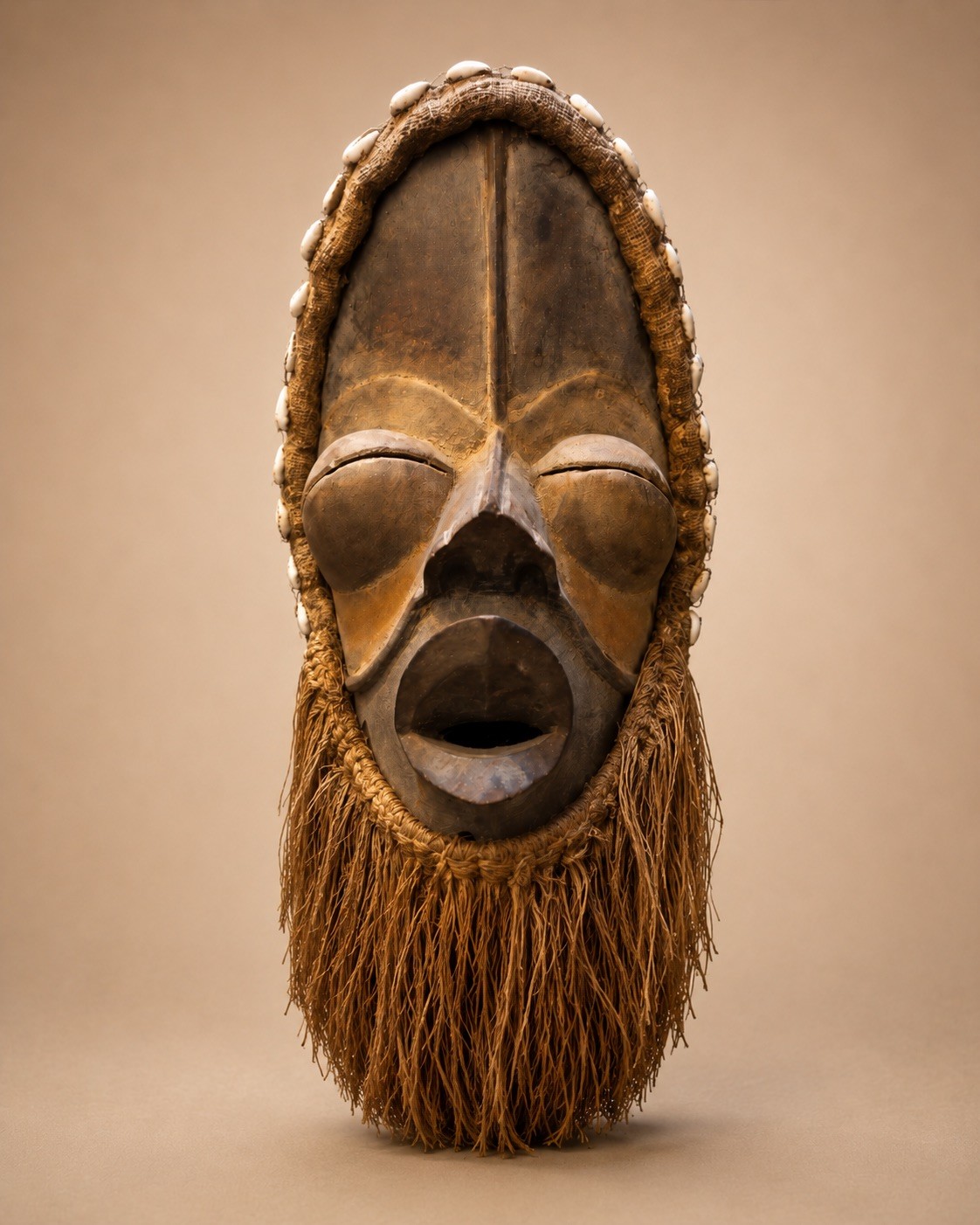 Old African Dan Style Carved Wood Mask Cowrie Shell Raffia Beard Liberia Old African Dan Style Carved Wood Mask Cowrie Shell Raffia Beard Liberia