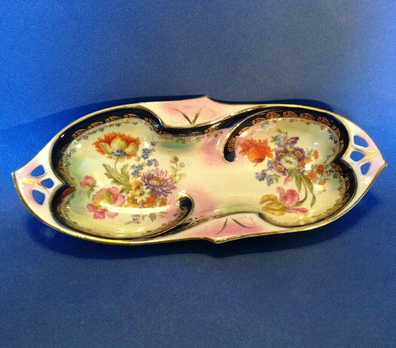 Celery Relish Dish - Cobalt Blue & Pink Luster With Flowers & Gilding - Germany