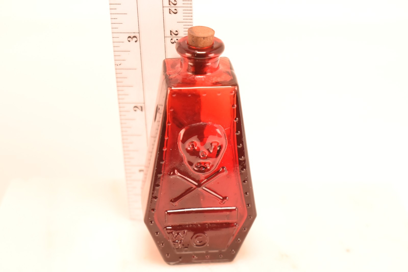Vintage Wheaton Ruby Red Glass Poison Bottle Coffin Skull Crossbones RIP Cork