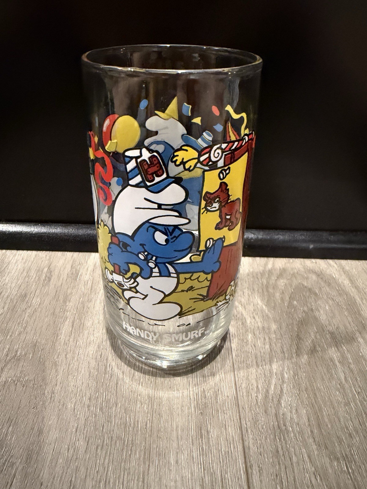 Vintage Peyo, 1983, Wallace Berrie & Co., SMURF Drinking Glass, HANDY