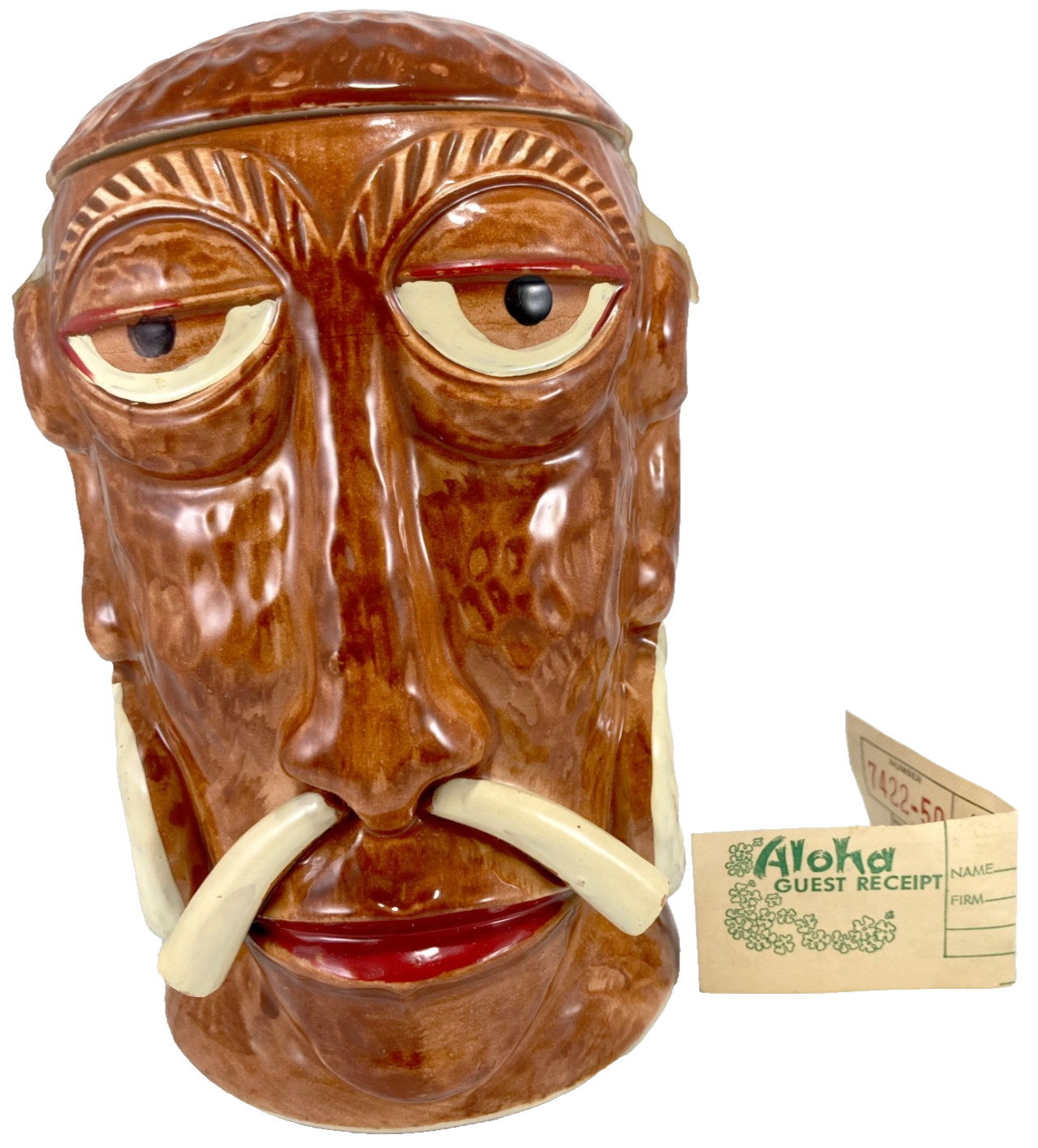 Mr Bali Hai Headhunter Tiki Mug Shelter Island San Diego Concave OMC Lid Receipt