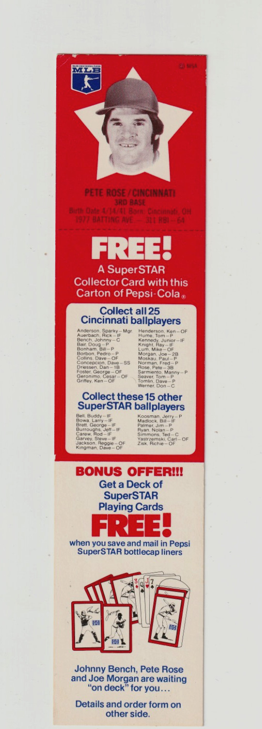 1978 Pepsi-Cola Baseball Super Stars With Tabs Pete Rose
