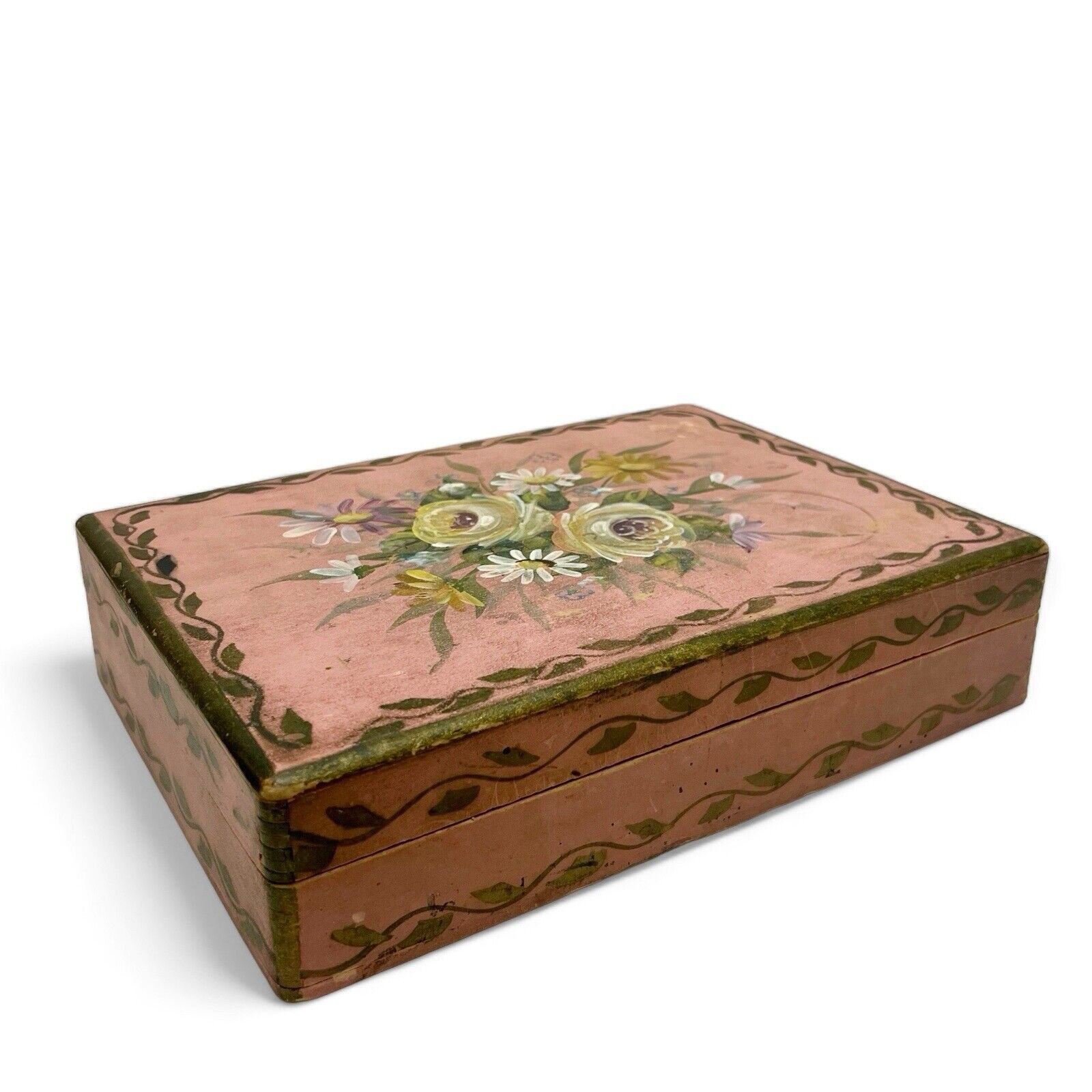 Vintage Pink Floral Chippy Painted Wood Rectangular Jewelry Box with Mirror