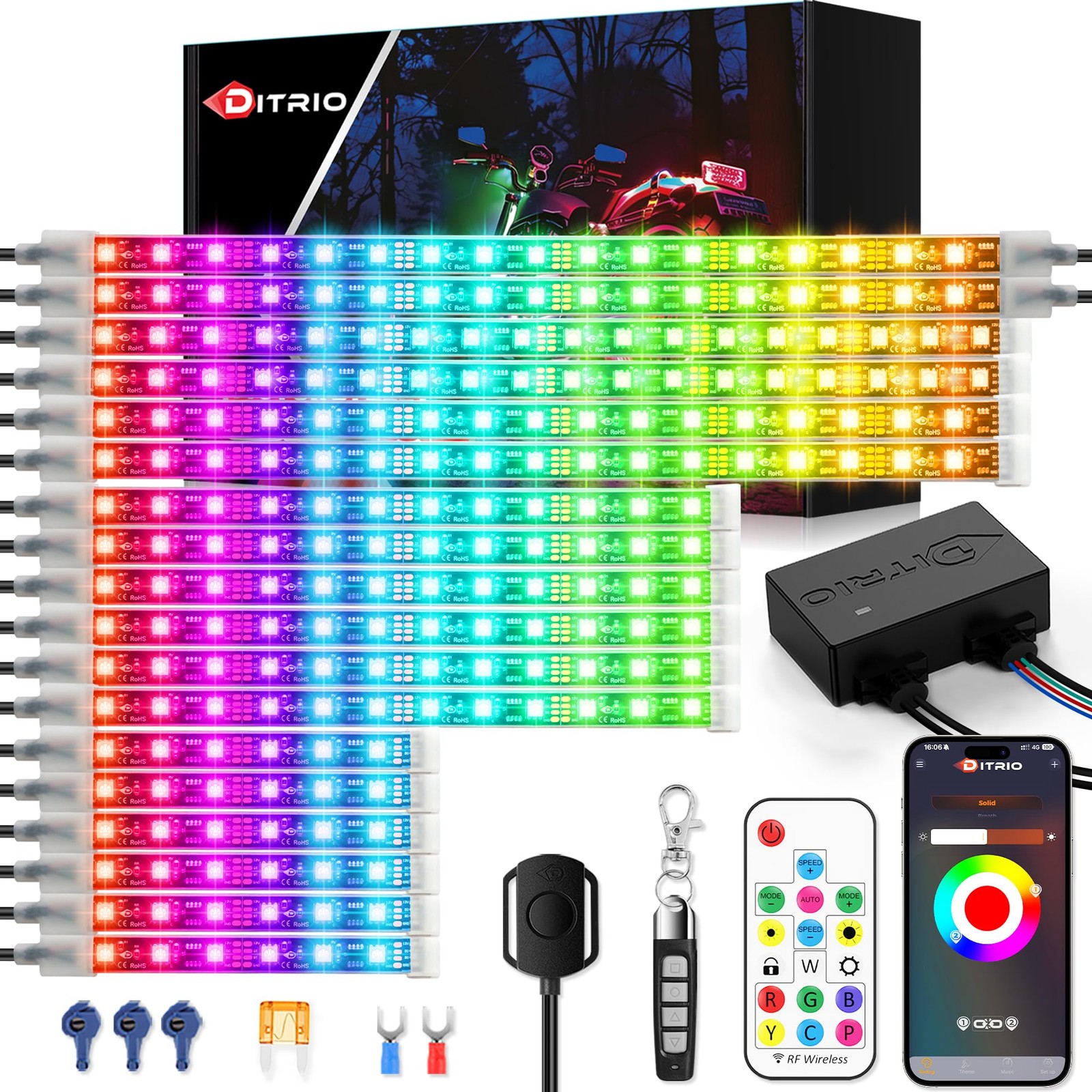 18PCS Motorcycle Led Lights with Brake Turn Signal,APP/RF Remote Control